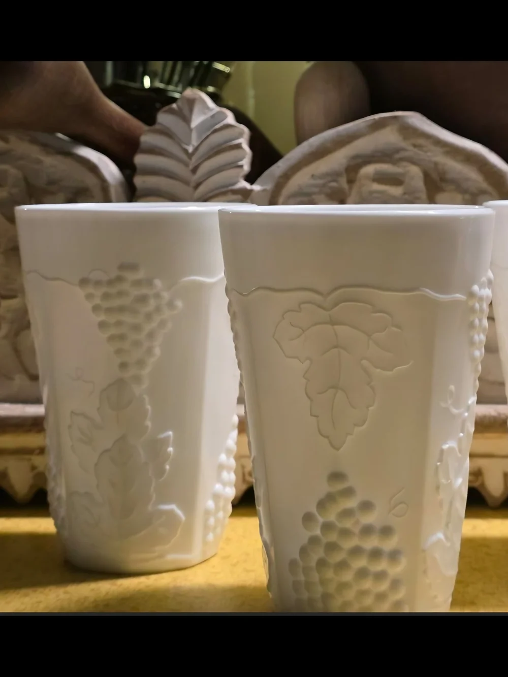 Vintage Indiana Glass White Milk Embossed Grape Pattern Tumblers - Set of 2